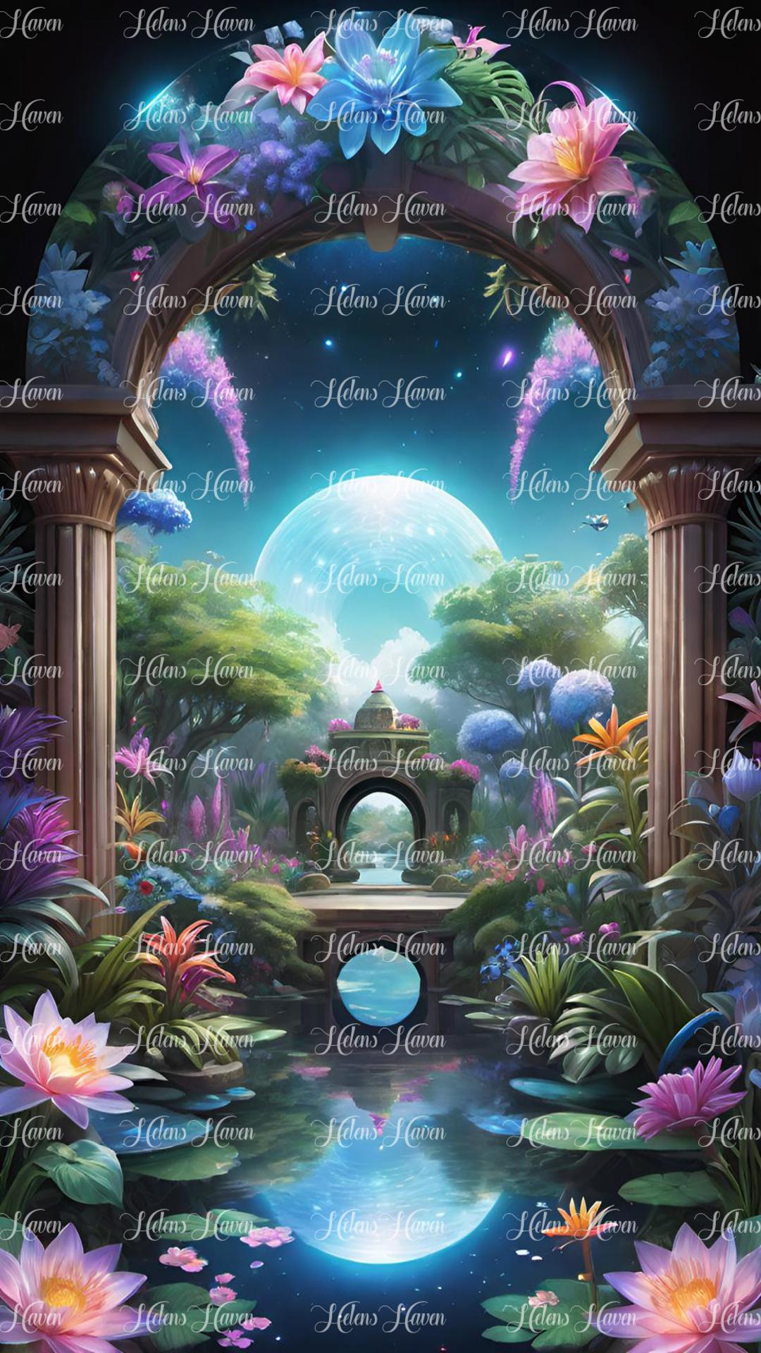 Pretty pond scene with arch and flowers at night