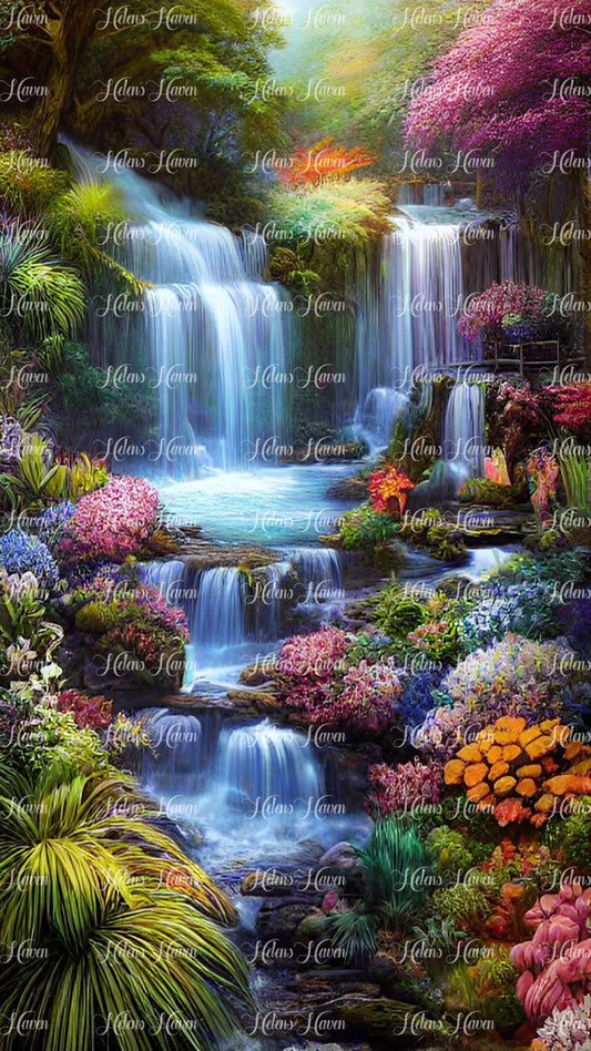 Waterfalls with lovely bright flowers