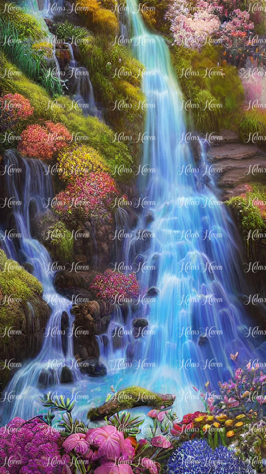 Waterfall with pink flowers