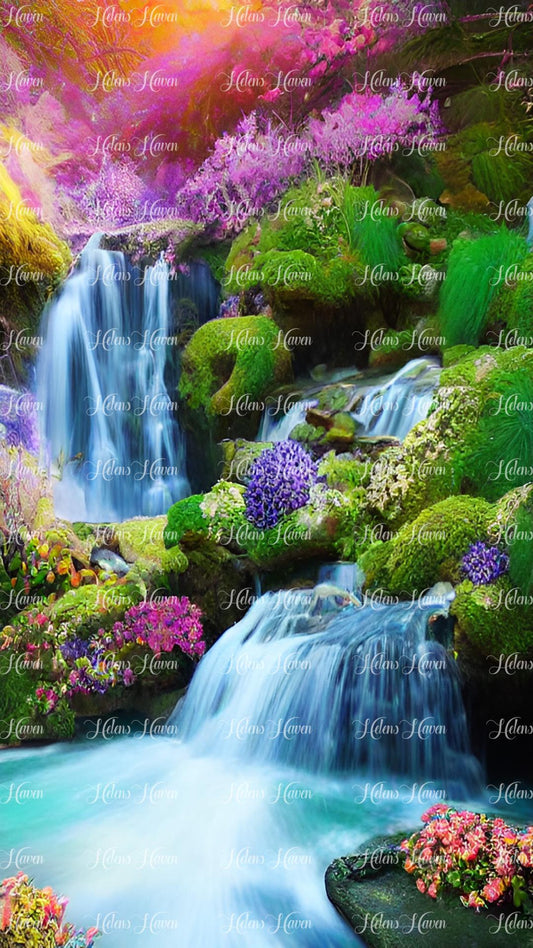 Waterfall pink and lush green grass with pond