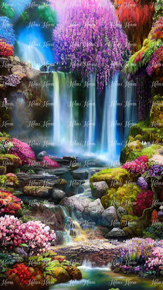 Waterfalls with rocks and flowers