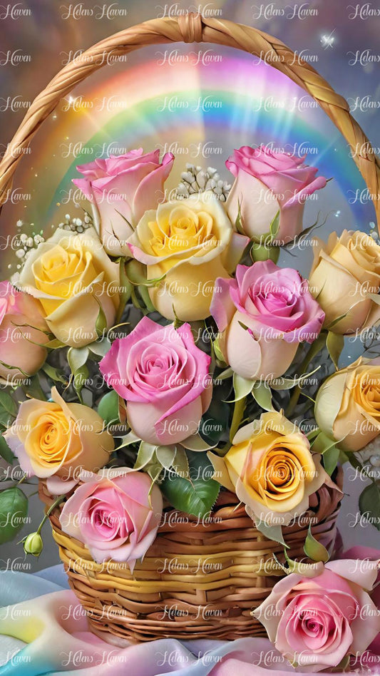 Pretty basket of yellow and pink roses with a rainbow