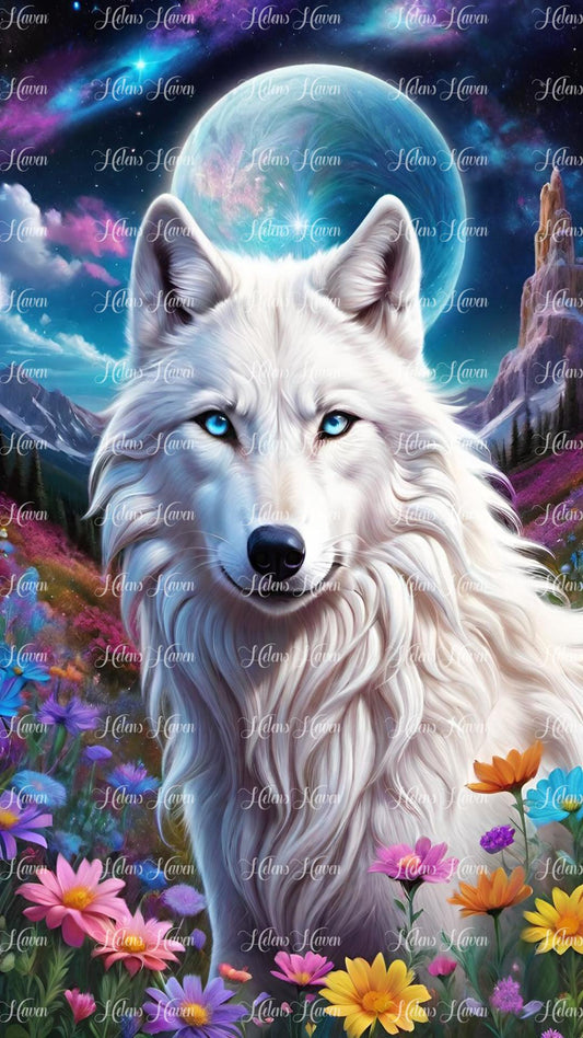 Wolf close up In flowers with moon in night sky