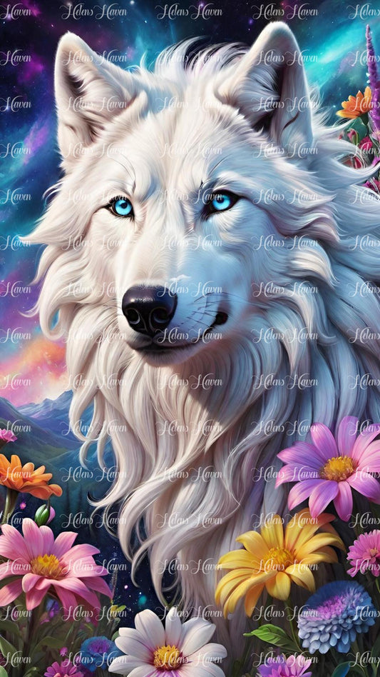 White Wolf sitting in a field of flowers