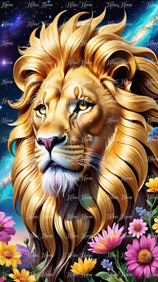 Stunning gold lion close up in a field of flowers