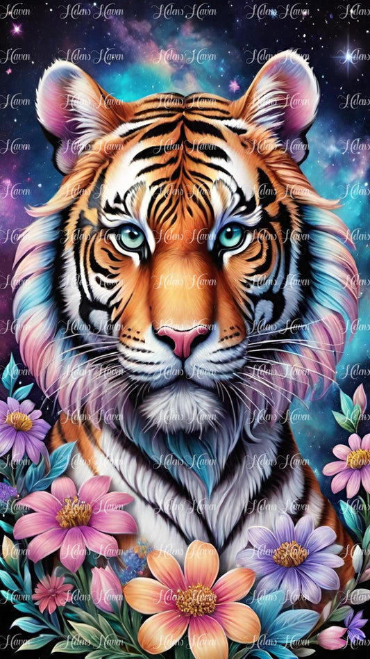 Tiger in a field of flowers