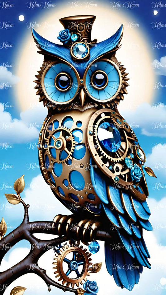 Steampunk owl in blue