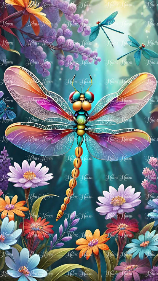 Colourful dragonfly in flower forest