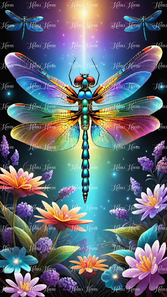 Colourful dragonfly glowing at night