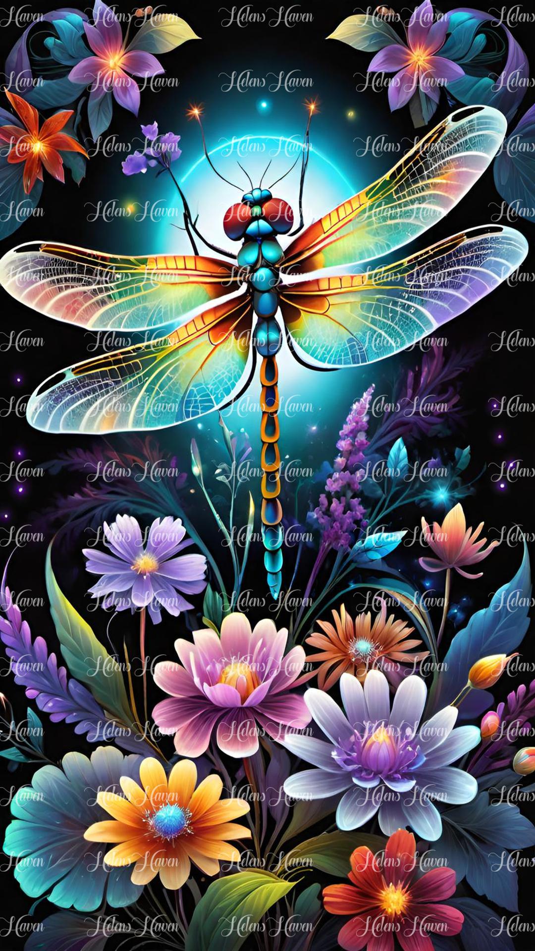 Dragonfly amid flowers at night