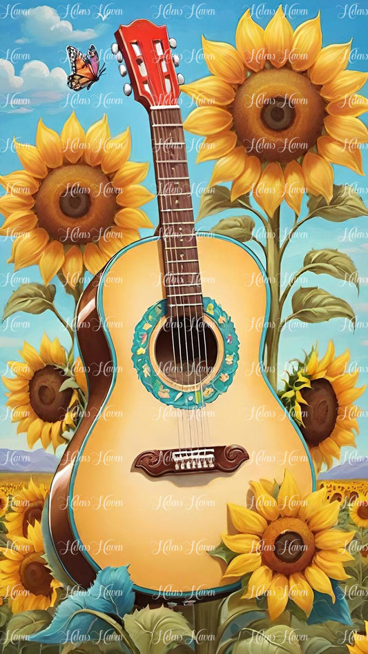Classical guitar surrounded by sunflowers