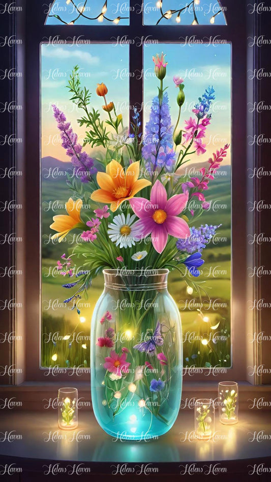 Brown window sill vase of flowers with fairy lights