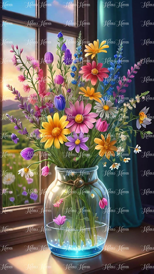 Window sill with a glass jar of wildflowers