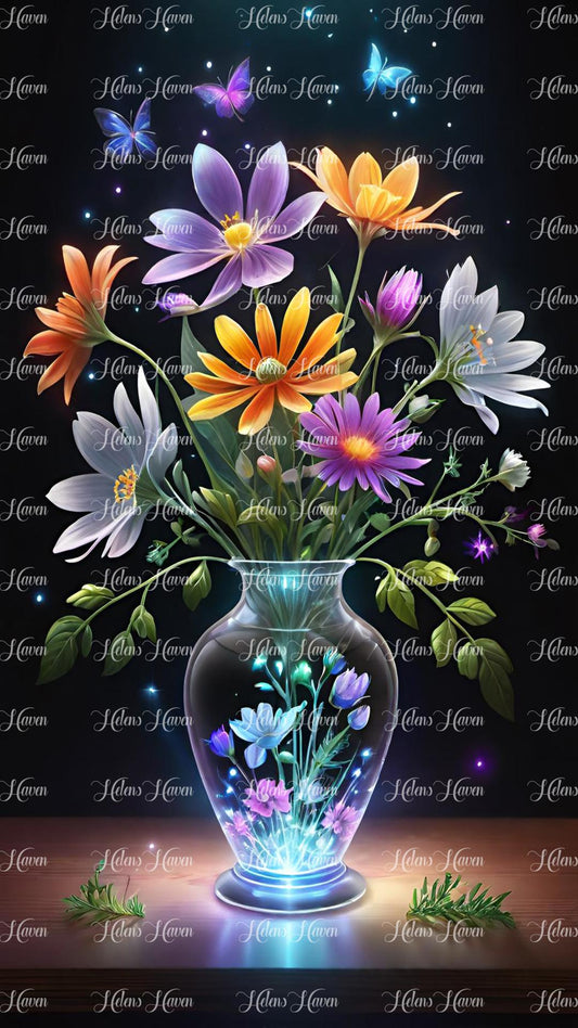 Vibrant glowing flowers in a glowing glass vase