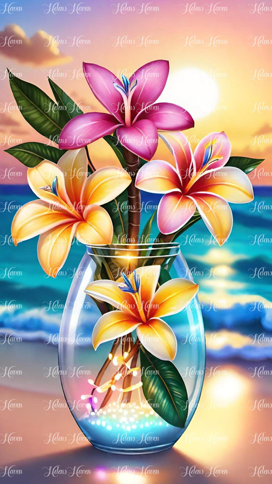 Glass vase of frangipanis at sunset on tropical beach
