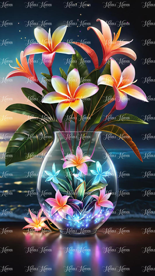 Glowing frangipanis in a glass vase at night