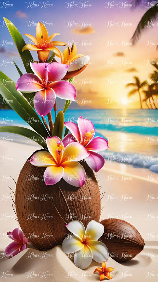 Tropical flowers in a coconut with a sunset sky