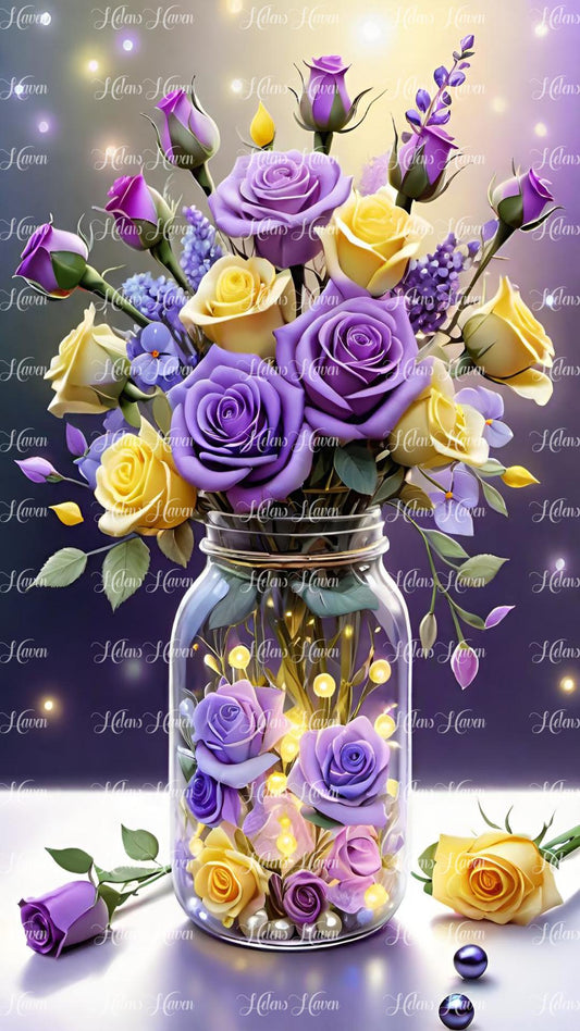 Glowing purple and yellow roses in a glass jar