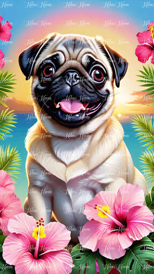 A cute pug dog surrounded by hibiscus flowers in a sunset scene