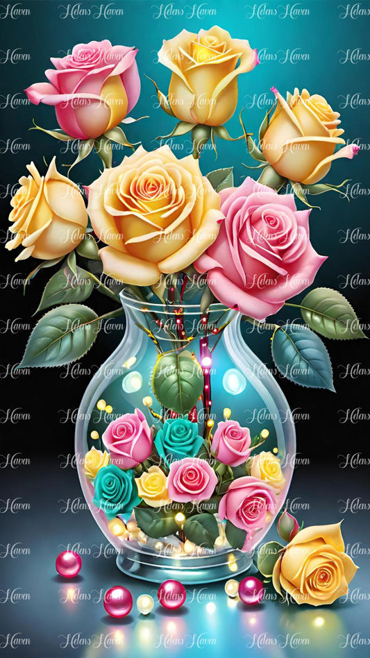 Pink and yellow roses in a glass vase