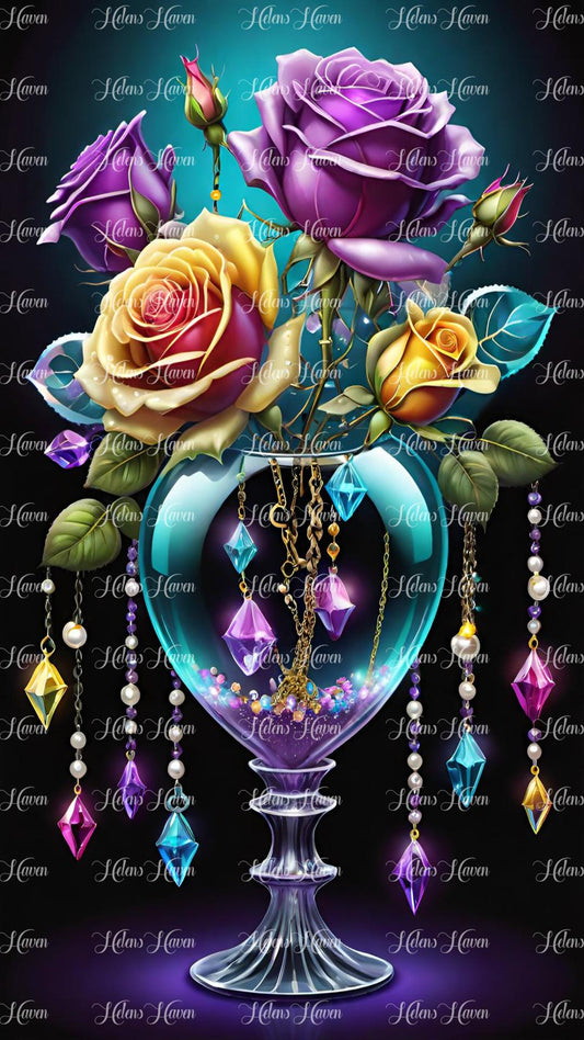 Glowing roses and crystals in a glass vase