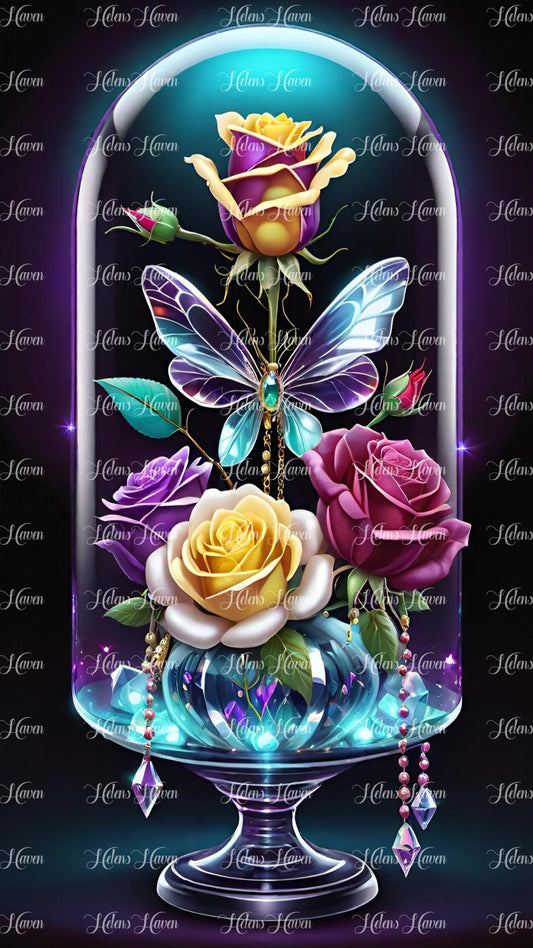 Glowing roses in a tall glass vase with stand