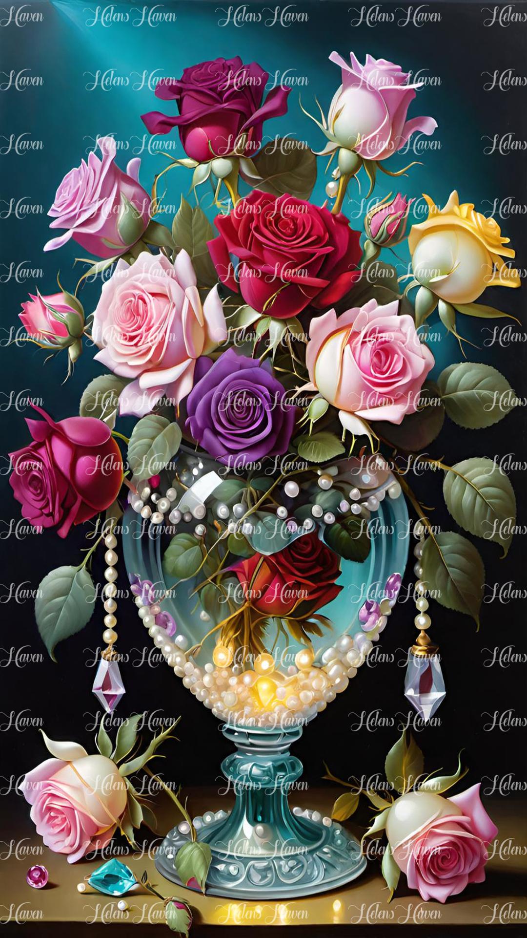 Glorious pink and red roses in a glass vase with crystals