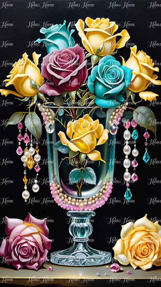 Glowing teal and yellow roses with crystals in a glass vase