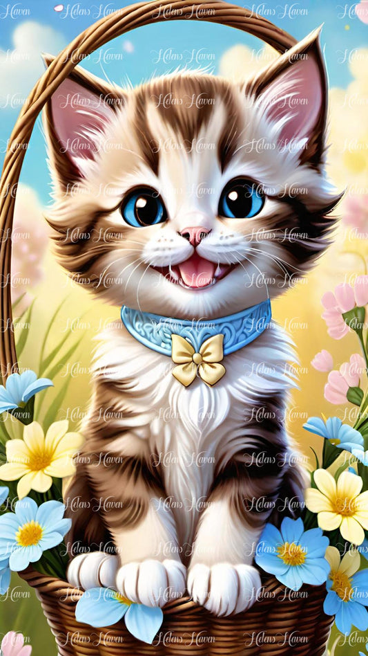 Cute brown and white kitten in a basket of yellow and blue flowers