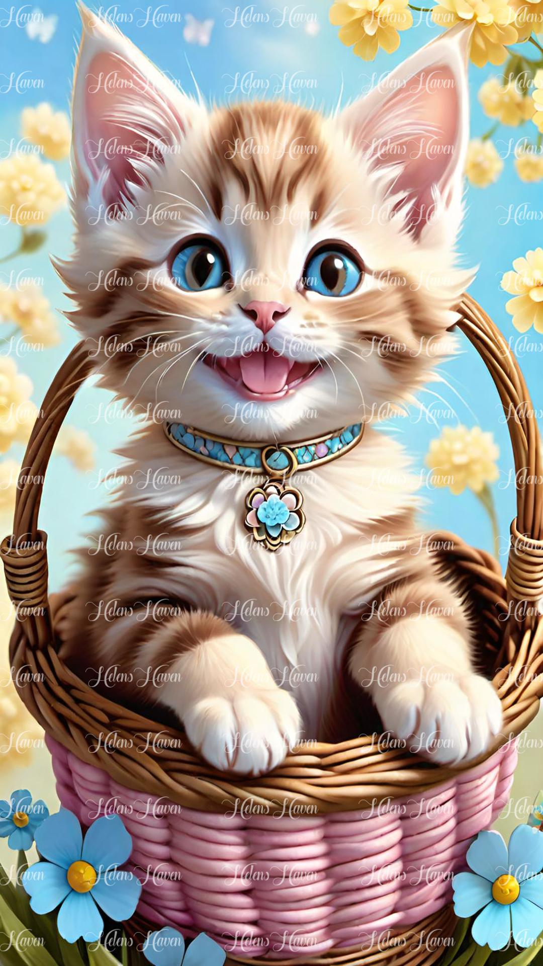 Cute brown and white kitten in a pink basket with flowers