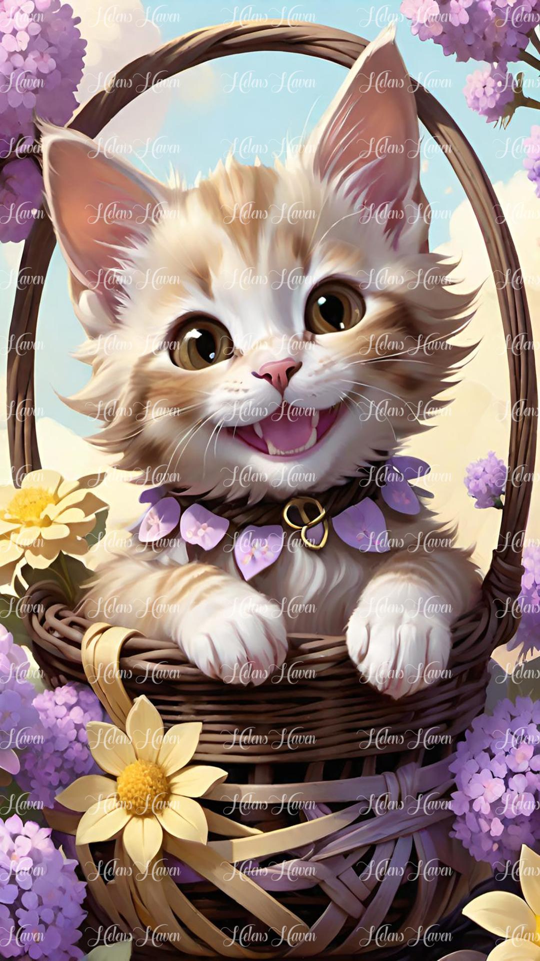 Cute ginger kitten with purple collar in basket of yellow and lilac flowers