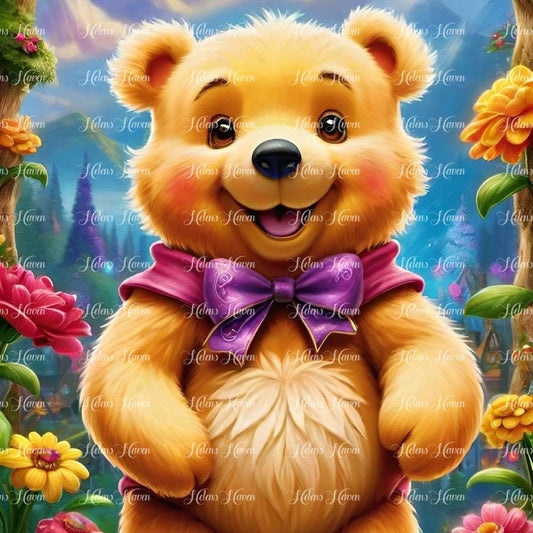 Teddy bear with a purple bow