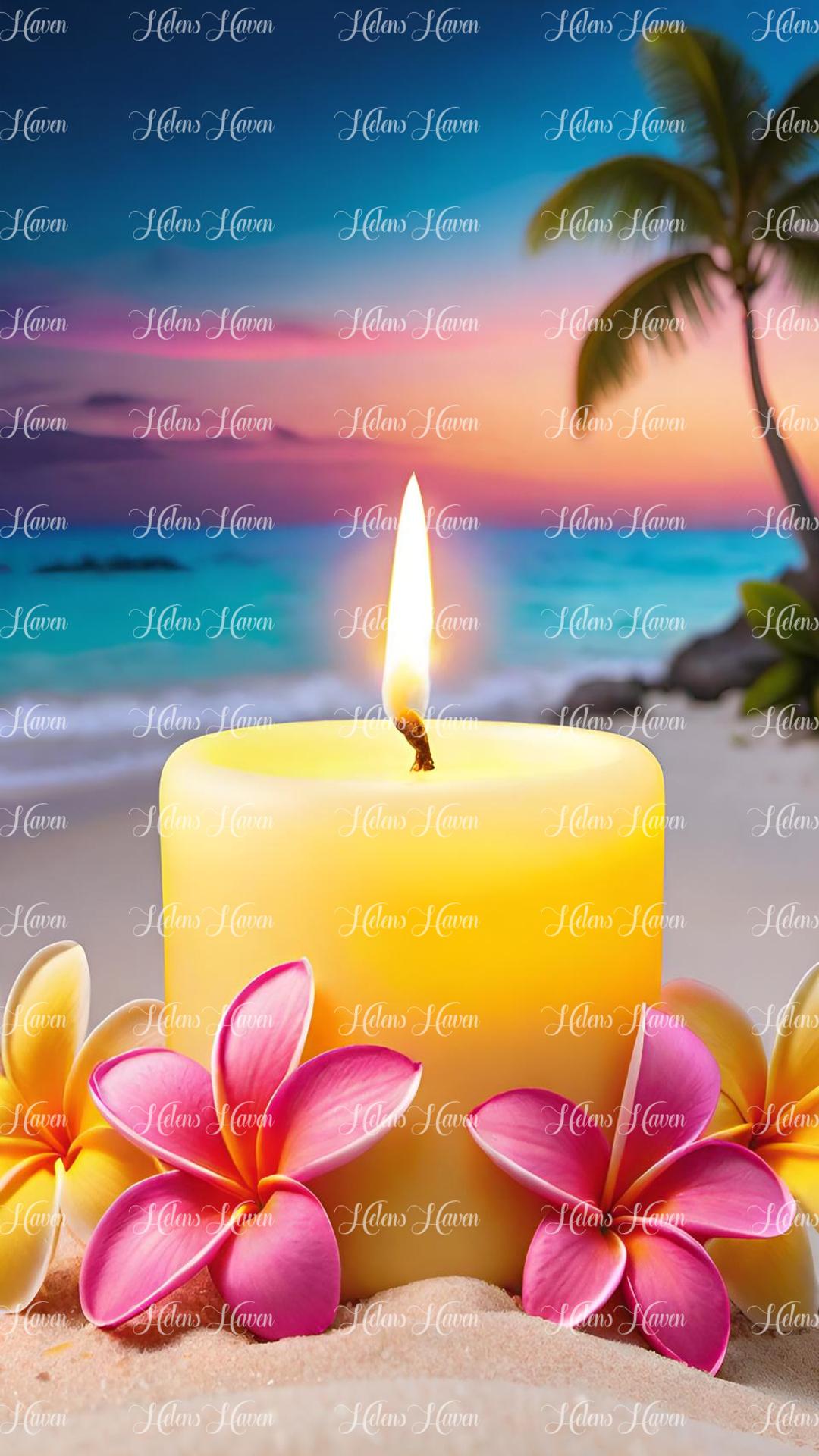 Yellow lit candle on a beach with frangipanis at sunset