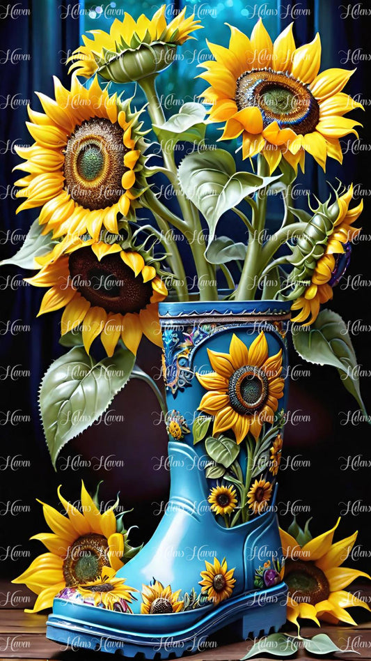 Blue gumboot with sunflowers