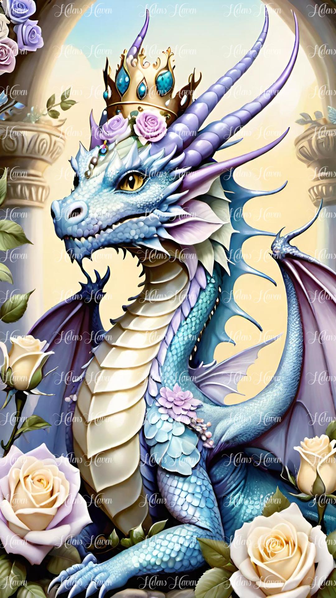 Dragon King wearing a crown in pastel blues and purples with roses