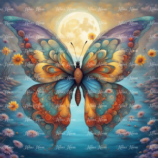 Pretty blue, orange and yellow butterfly above water with a full moon