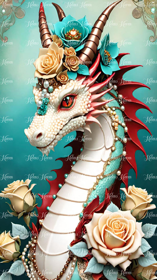 Dragon King wearing a crown in teal and red with roses