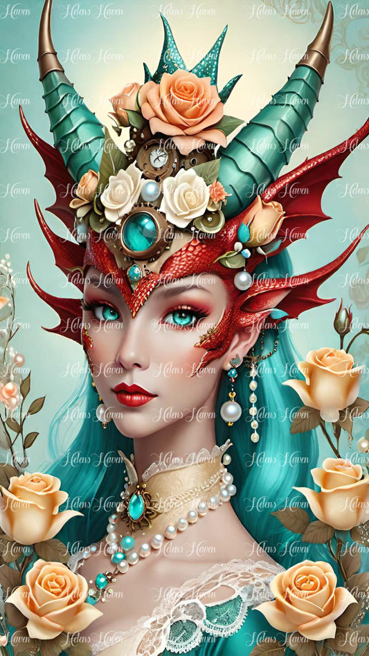 Dragon Queen with horns in teal and red with yellow roses