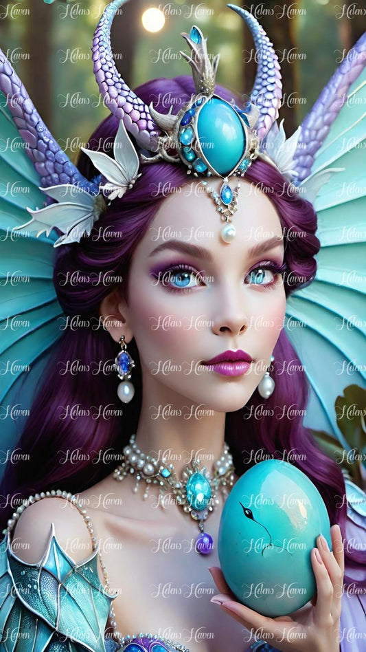 Dragon Princess holding a dragon egg in teal and purple