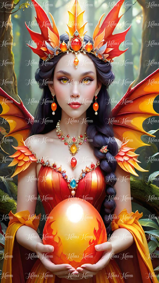 Dragon Princess holding a dragon egg in red and orange