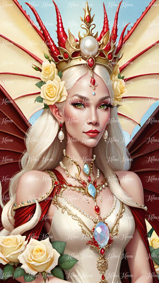 Dragon Queen blonde in red and cream with roses