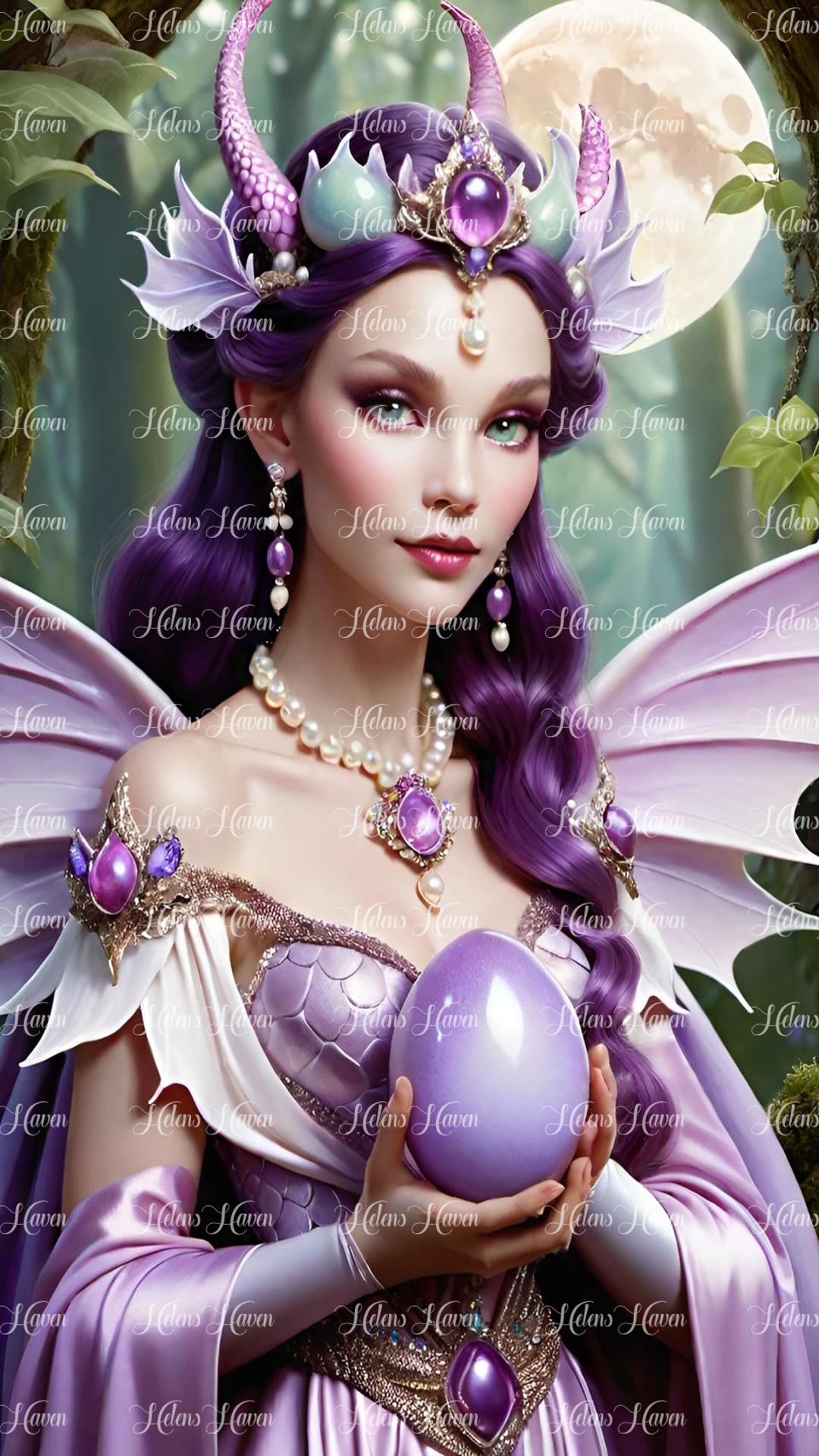 Dragon Princess holding an egg in Lilac in forest