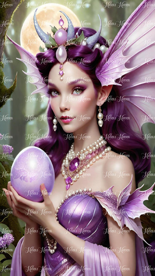 Dragon Queen holding an egg in purple