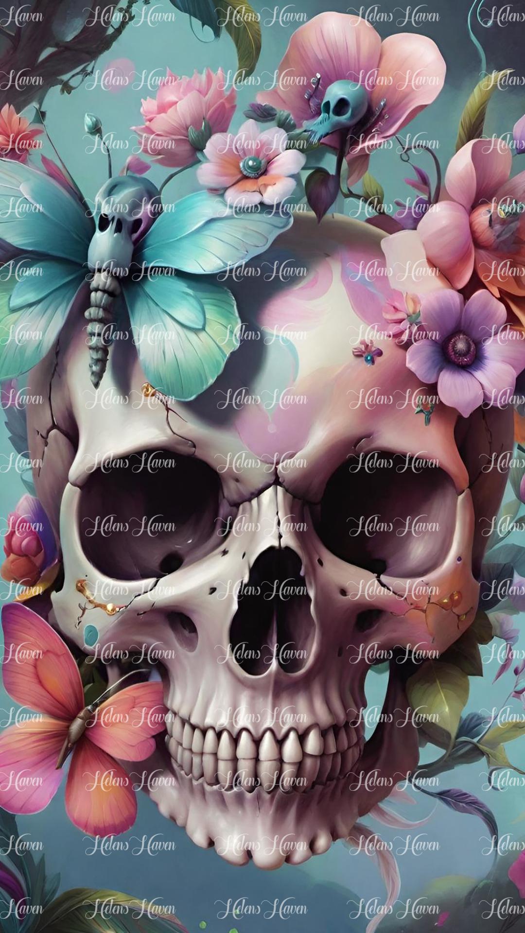 Flower skull in pinks and teals