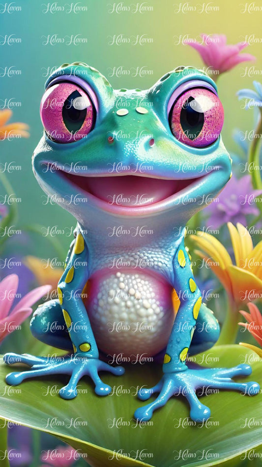 Cute blue frog sitting on a lily pad