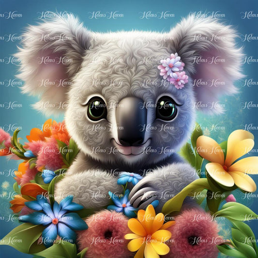 Cute baby koala sitting amongst flowers