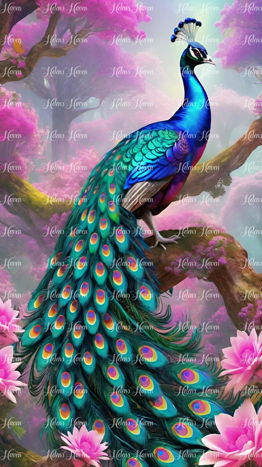 Peacock sitting on a branch amid pink flowers