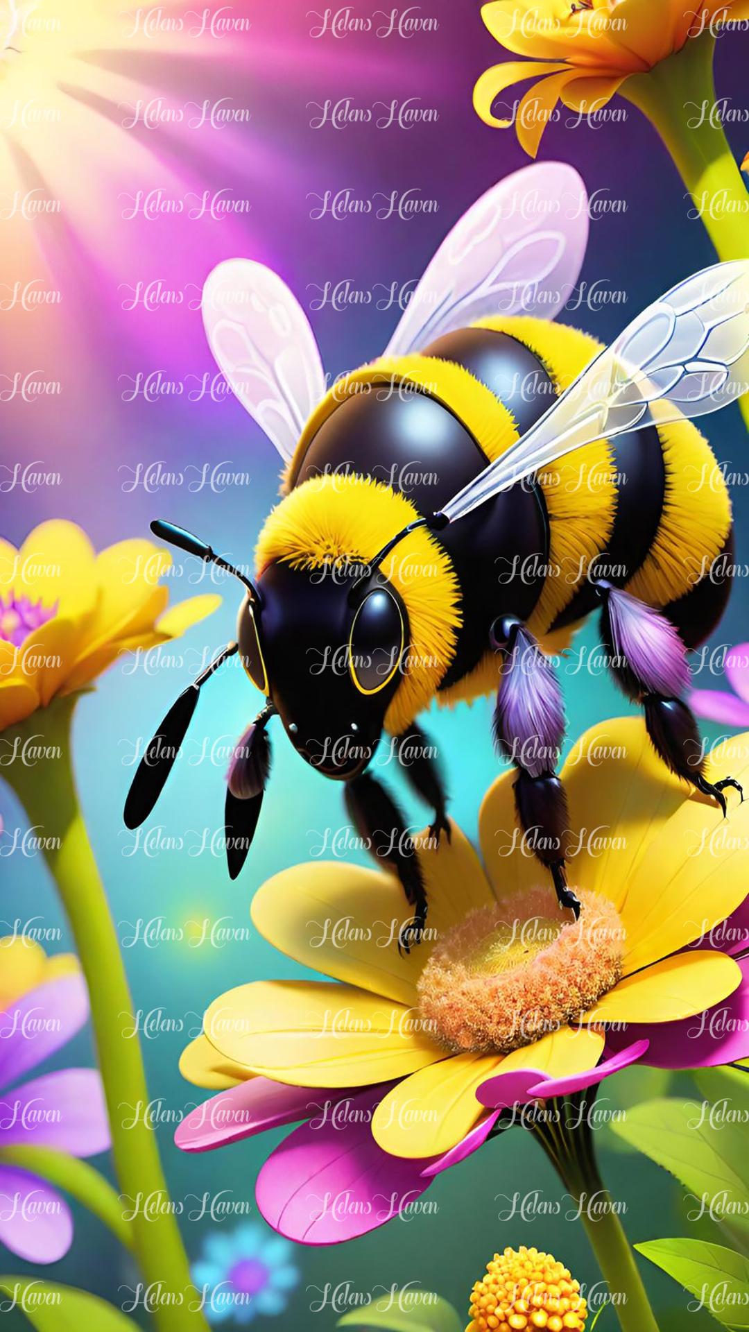 Cute bee close up on yellow with sun