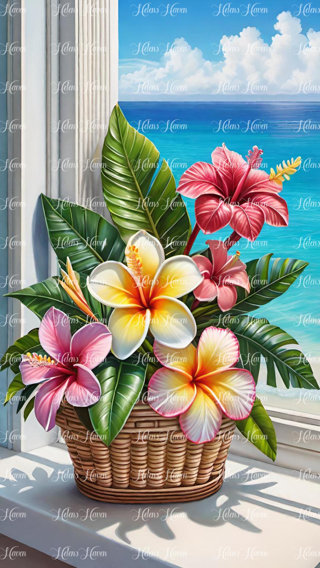 Window tropical flower arrangement looking at the ocean