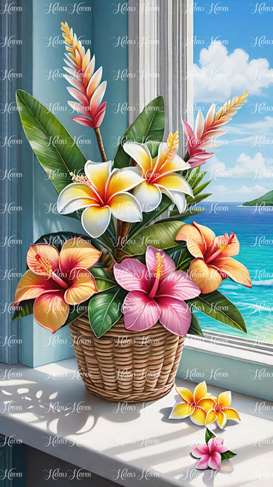 Window tropical flower arrangement with hibiscus and ocean